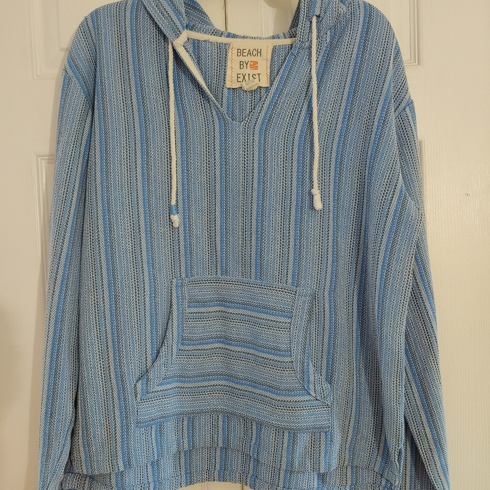 Beach Hoodie Jacket Boho Cotton Beach Coat Blue Drawstring